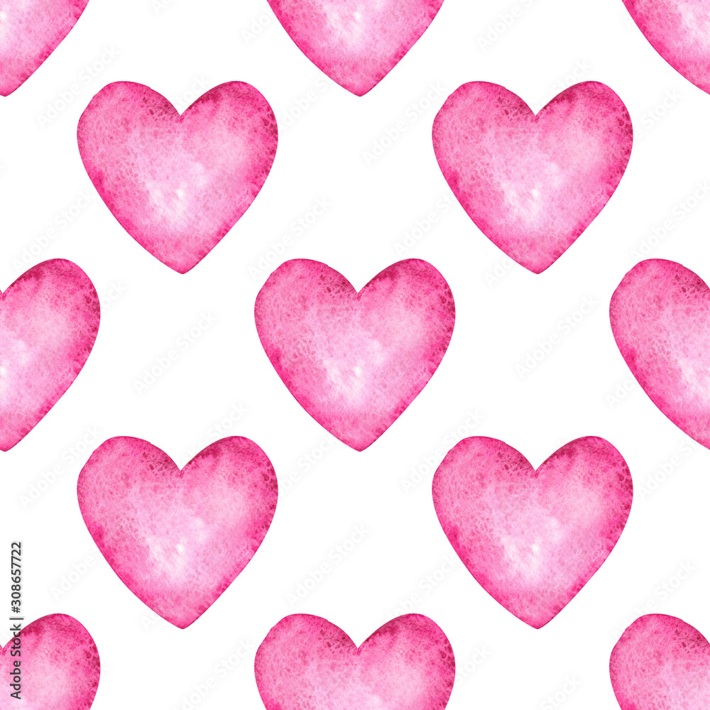 Watercolor Hand Drawn Cute Pink Hearts on White Background Seamless Pattern