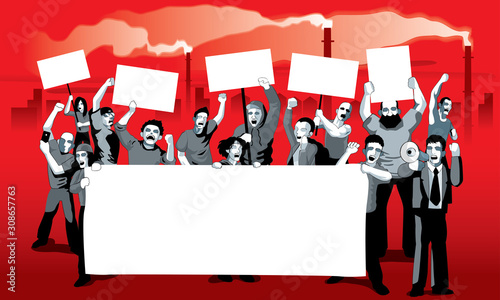 A group of protestors with mega phone, banner and signs. With factory pollution background. Vector.