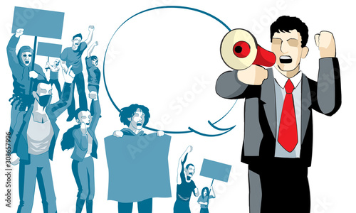 A group of protestors with mega phone, banner and signs. With solid colour background. Vector.
