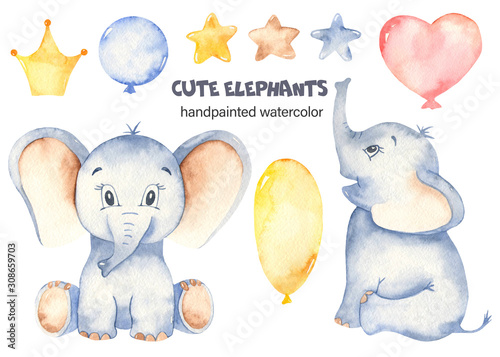 Quadro em tela Watercolor cute sitting baby elephants set with balloons