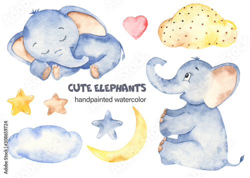 Photography Watercolor cute baby elephants set with clouds, stars, crescent