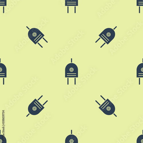 Blue Electric plug icon isolated seamless pattern on yellow background. Concept of connection and disconnection of the electricity. Vector Illustration