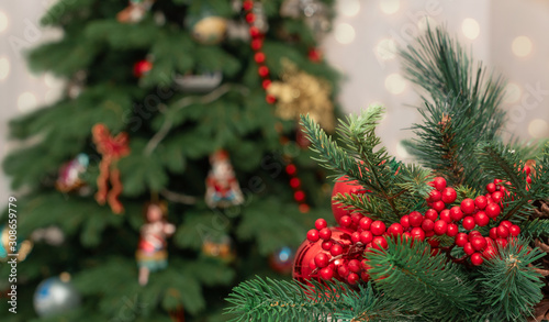 Christmas and New Year background. Close-up Xmas table decoration with red berries on blurred background with Christmas tree. © Rina Mskaya