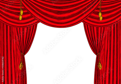 Red velvet drapes with gold tassels, white bg