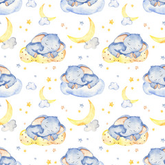 Handdoek met foto Slapende dieren patronen Babyolifantje droomt op pastelwolk  © MarinaErmakova