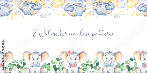 Canvas Print Watercolor seamless border with cute baby elephants