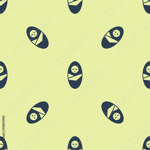 Blue Newborn baby infant swaddled or swaddling icon isolated seamless pattern on yellow background. Baby kid child wrapped in blanket clothes. Vector Illustration