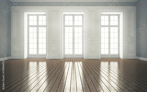 clean bright room with windows. 3d rendering