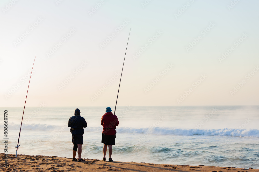 Fishermen Fishing Holiday Beach Winter Ocean Waves Sea Mist Landscape Fishermen Fishing Holiday Beach Winter Ocean Waves Sea Mist Landscape