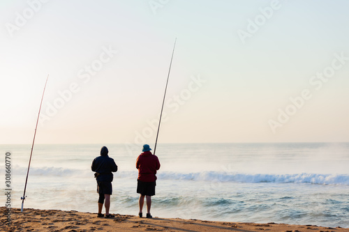 Fishermen Fishing Holiday Beach Winter Ocean Waves Sea Mist Landscape 