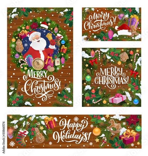 Merry Christmas cartoon Santa with New Year gifts in Xmas tree holly wreath. Vector Christmas winter holiday greeting calligraphy, gingerbread cookies and toy presents on wood background