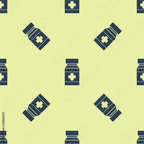 Blue Dog medicine bottle and pills icon isolated seamless pattern on yellow background. Container with pills. Prescription medicine for animal. Vector Illustration