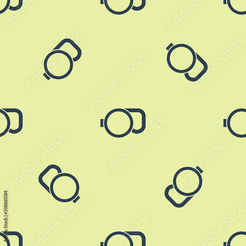 Blue Retractable cord leash with carabiner icon isolated seamless pattern on yellow background. Pet dog lead. Animal accessory for outdoors walk. Vector Illustration
