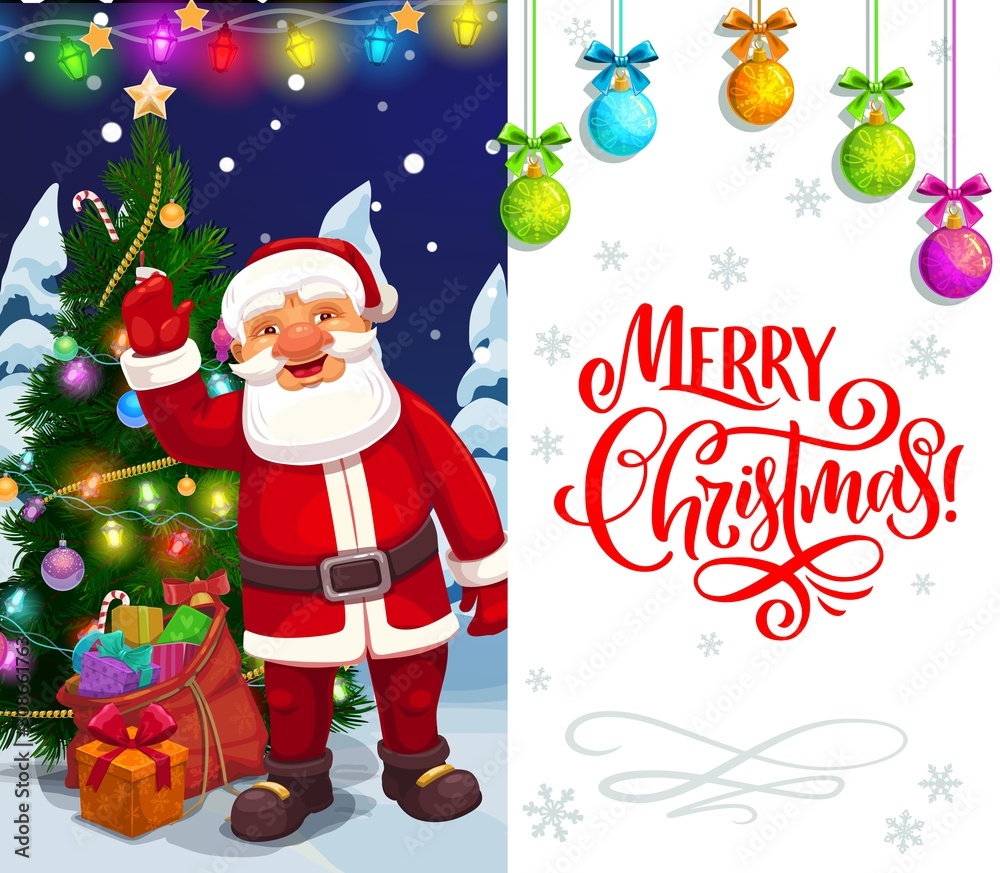 Merry Christmas vector calligraphy greeting, Santa with gifts bag at Xmas tree. Christmas winter holiday poster with snowflakes, balls ornaments and lights decorations Merry Christmas vector calligraphy greeting, Santa with gifts bag at Xmas tree. Christmas winter holiday poster with snowflakes, balls ornaments and lights decorations