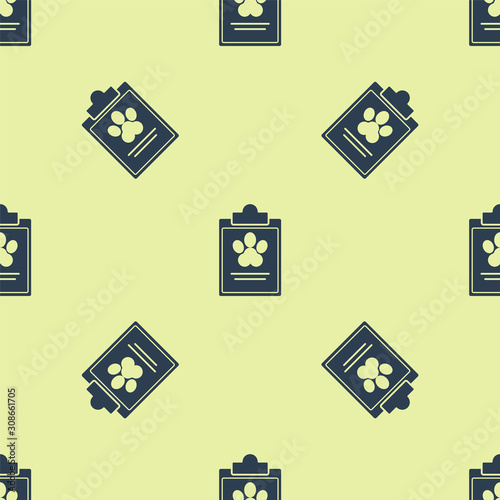 Blue Clipboard with medical clinical record pet icon isolated seamless pattern on yellow background. Health insurance form. Medical check marks report. Vector Illustration