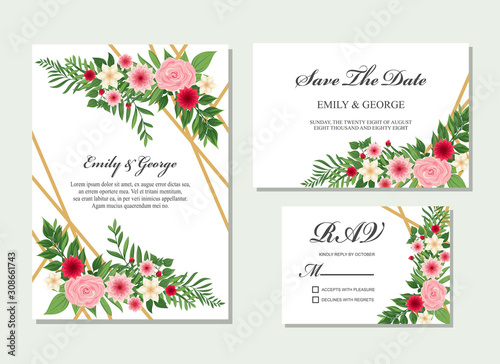 Elegant Wedding invitation, invite, rsvp, save the date card design with flower, wax flowers eucalyptus branches leaves, frame and template set vector.