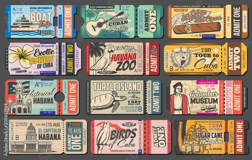 Retro ticket vector templates of Cuba travel design. Cuban tobacco and cigar museum entrance coupon, Havana zoo and guitar concert pass cards, turtle island boat trip invitation design