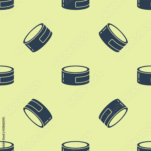 Blue Canned food icon isolated seamless pattern on yellow background. Food for animals. Pet food can. Vector Illustration