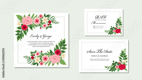 Elegant Wedding invitation  invite  rsvp  save the date card design with flower  wax flowers eucalyptus branches leaves  frame and template set vector.