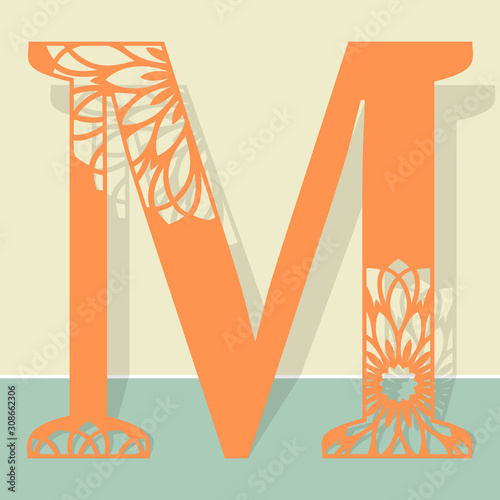Laser cutting letter M. Woodcut vector design. Plywood lasercut gift. Pattern for printing, engraving, paper cut. Floral mandala design.