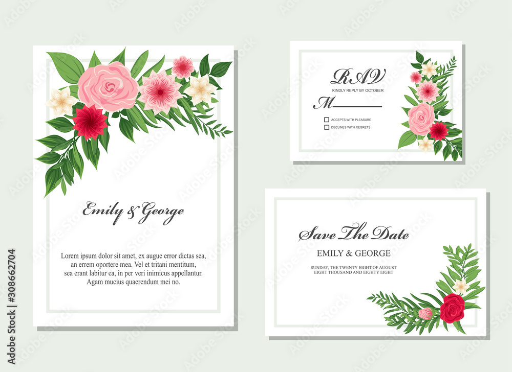 Elegant Wedding invitation, invite, rsvp, save the date card design with flower, wax flowers eucalyptus branches leaves, frame and template set vector. Elegant Wedding invitation, invite, rsvp, save the date card design with flower, wax flowers eucalyptus branches leaves, frame and template set vector.