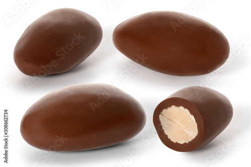 Chocolate with almonds isolated on white background