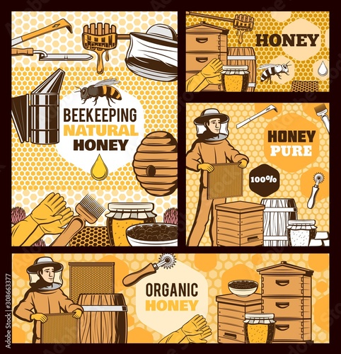 Beekeepers with honey and bee hives vector design of beekeeping farm food. Honeycomb frames and beehives with flower nectar jars, apiary tools, smoker and combs, knife, fork, dipper and protective hat