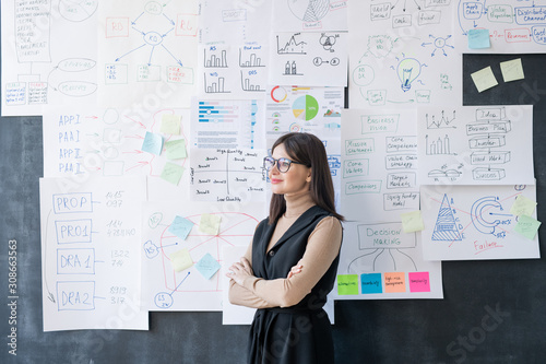 Young successful female economist with crossed arms standing by blackboard