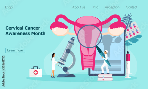 Cervical Cancer Awareness Month is celebrated in January in USA. Tiny doctors examine uterus with magnifier to treat cervical cancer.