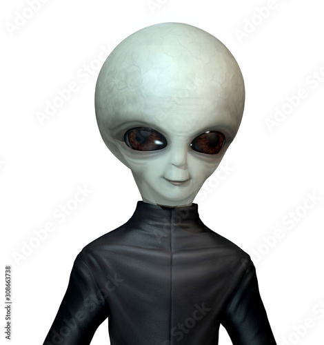 Photorealistic portrait of an alien in a black jumpsuit isolated on a white background. 3 d illustration. 3 d character.