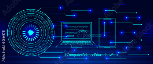 Computer Science Education Week is celebrated in USA during the second week in December. Hour of Code concept vector. Digital future waves in cyberspace with grid.