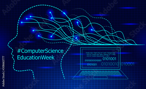 Computer Science Education Week is celebrated in USA during the second week in December. Hour of Code concept vector. Digital future waves in cyberspace with grid.