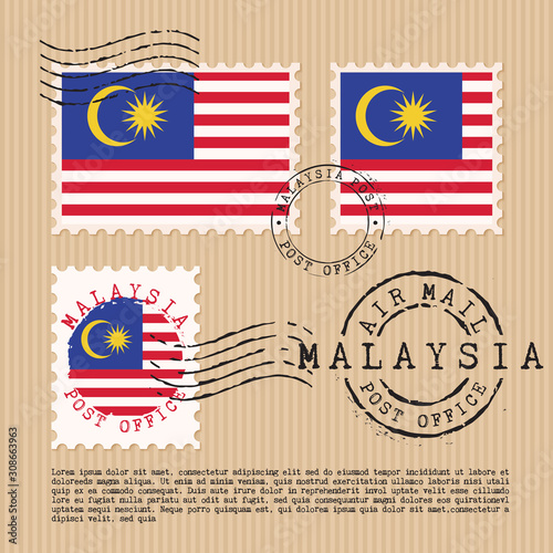Postage stamps isolated on brown paper background with national flag  : Vector Illustration