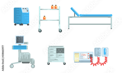 Medical Surgery and Examination Rooms Equipment with Scanner Monitor and Operating Table Vector Set