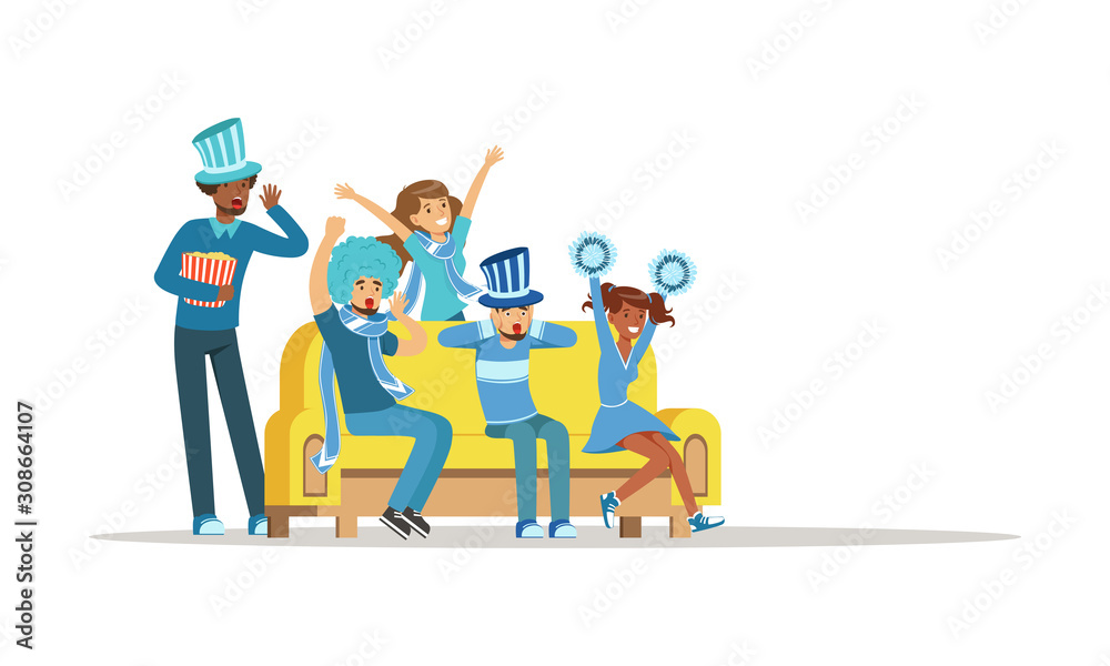 People Supporting Favorite Team Sitting and Standing in Front of TV Vector Illustration