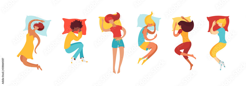 Sleeping women vector flat illustrations set