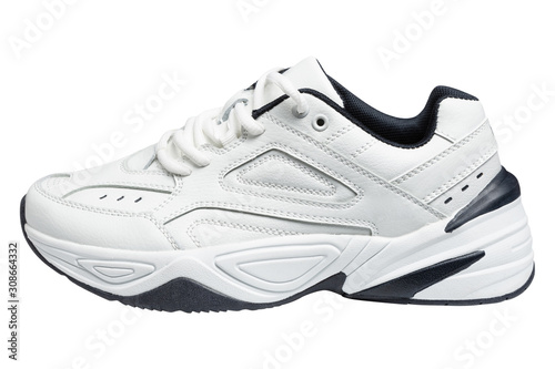 white sneaker with blue accents. on a white background, sports shoes for an active lifestyle