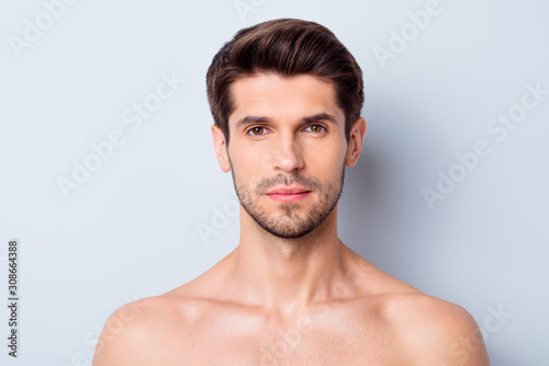Stampa su tela Close-up portrait of his he nice attractive bearded confident calm brown-haired
