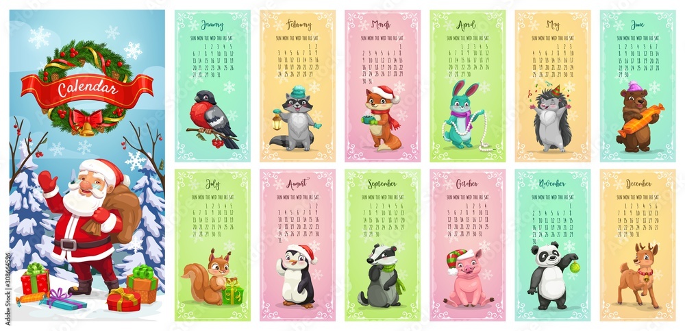 Fototapeta premium Monthly calendar vector template of Santa Claus, animals and Christmas gifts. New Year calendar with Xmas wreath, present boxes and red ribbon bow, reindeer with bell, bullfinch and bear, fox, rabbit