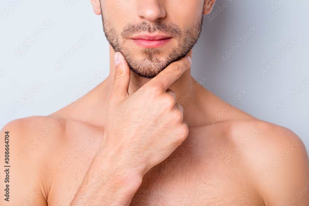 Cropped closeup photo of macho guy perfect neat beard looking mirror touch chin not sure about shaving naked torso masculine body metrosexual isolated grey background Cropped closeup photo of macho guy perfect neat beard looking mirror touch chin not sure about shaving naked torso masculine body metrosexual isolated grey background
