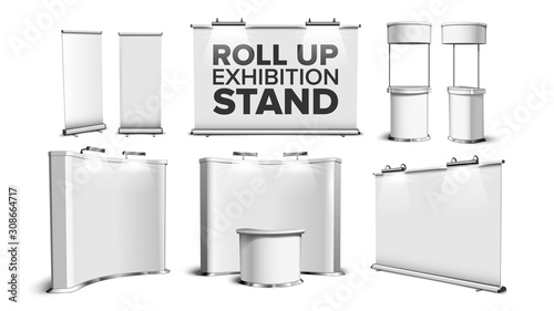 Roll Up Stand, Fair Desk, Counter Table Set Vector. Collection Of Exhibition Equipment, Blank Stand, Commercial Advertising Banner Wall With Backlight. Template Realistic 3d Illustrations