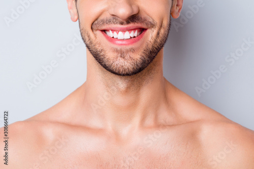 Close-up cropped view portrait of his he nice attractive bearded cheerful cheery guy unshaven mustache chin perfect smile caries treatment isolated on light white grey color pastel background