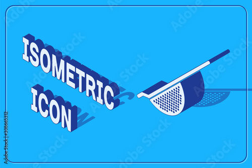 Isometric Kitchen colander icon isolated on blue background. Cooking utensil. Cutlery sign. Vector Illustration