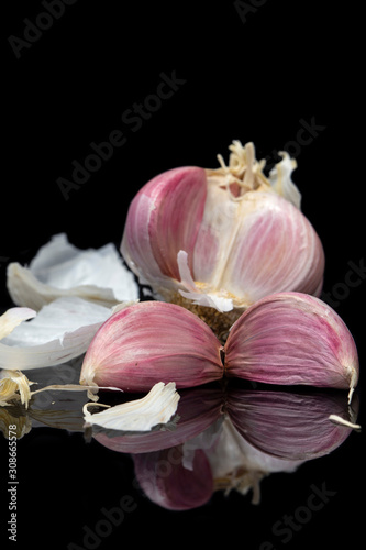 Garkic bulb and cloves with reflection isolated on a black background photo