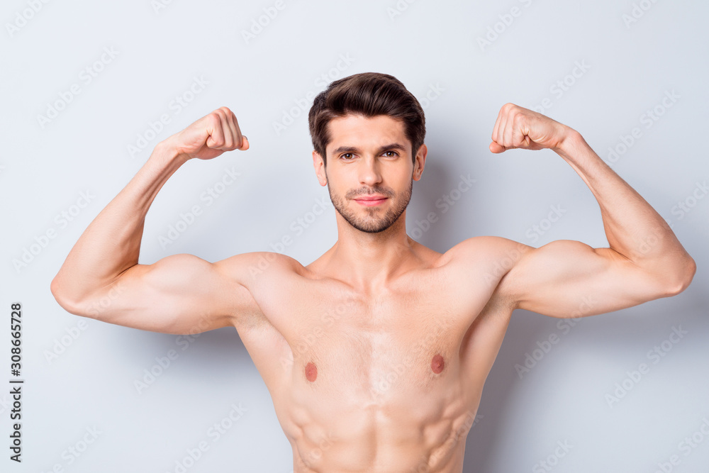 Photo of handsome macho man guy showing perfect fit shape biceps looking mirror love himself after sport gym strong man topless tender torso body isolated grey background - obrazy, fototapety, plakaty 