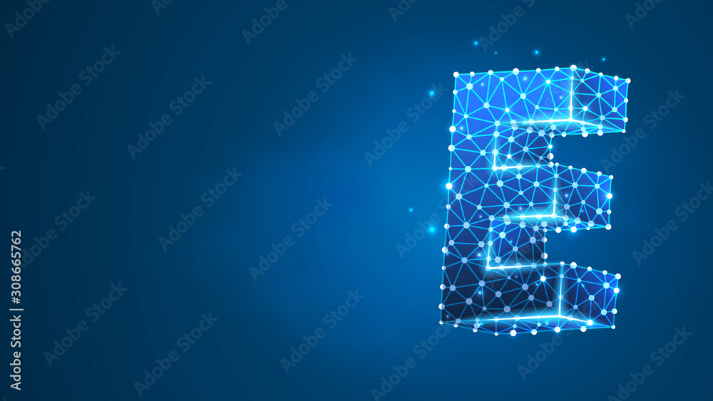 Alphabet letter E. Design of an Uppercase letter. Banner, template or a pattern. Abstract digital wireframe, low poly mesh, Raster blue neon 3d illustration. Triangle, line, dot