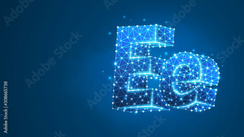Alphabet letter E. Design of an Uppercase and lowercase letters. Banner, template or a pattern. Abstract digital wireframe, low poly mesh, Raster blue neon 3d illustration. Triangle, line, dot