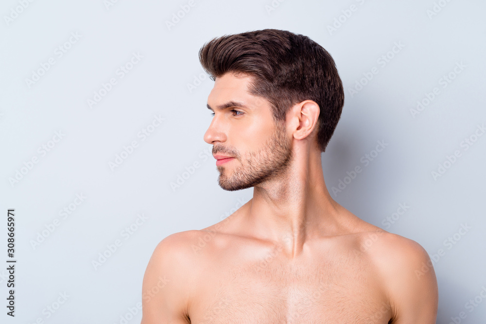 Profile side photo of masculine macho guy feel handsome after visit spa salon skincare treatment isolated over grey color background
