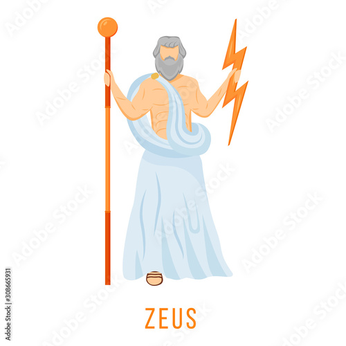 Zeus flat vector illustration. Ancient Greek deity. God of sky, thunder and lightning. King, ruler of Olympus. Mythology. Divine mythological figure. Isolated cartoon character on white background