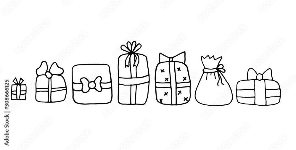 Vector illustration. set of gift box with bows in doodle or hand drawn style. Sketch gift boxes collection. Hand-drawn with ink or pen. Isolated on white background
